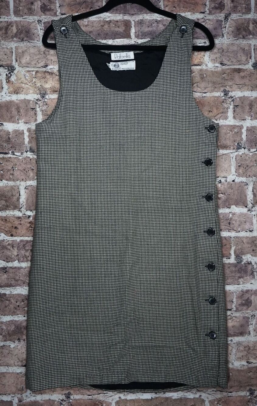 VTG Rafaella Wool Jumper Dress Women 10 Houndstooth Button 90s Dark Academia
